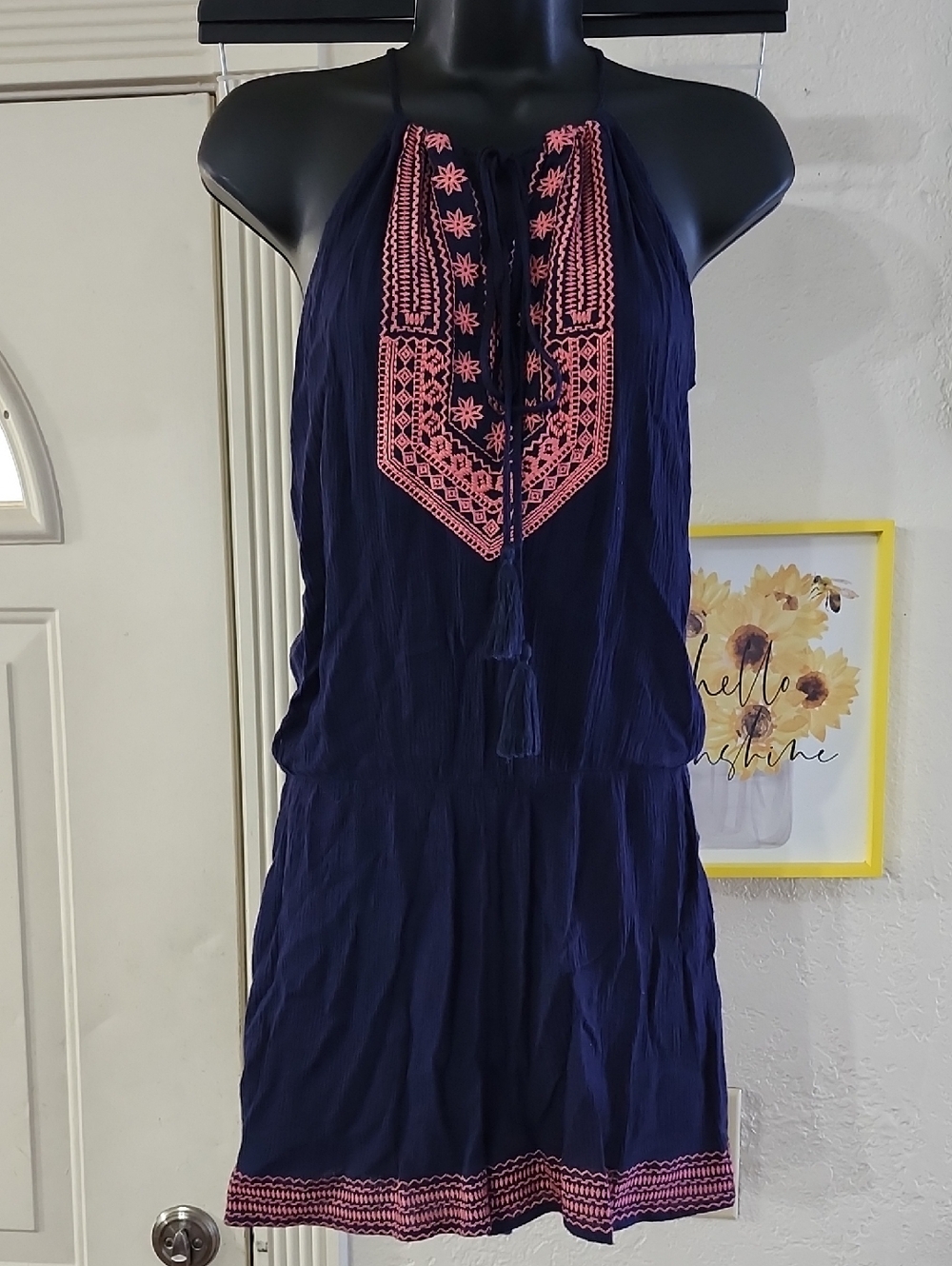 Altar'd State Navy Blue Halter Romper with Pink Embroidery